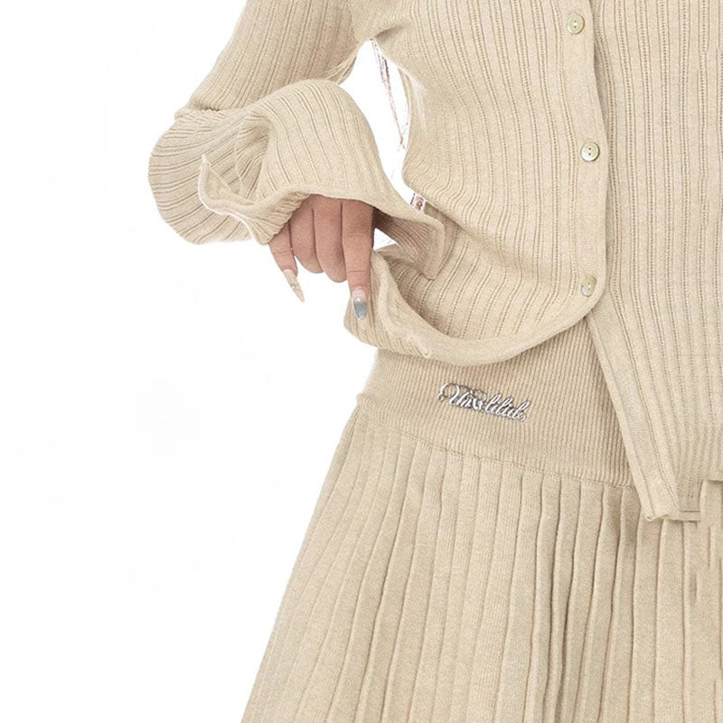 Solid Color Slim Fit Waist Trimming Knitted Cardigan Sweater Loose-fitting Pleated Short Skirt Two-piece Suit