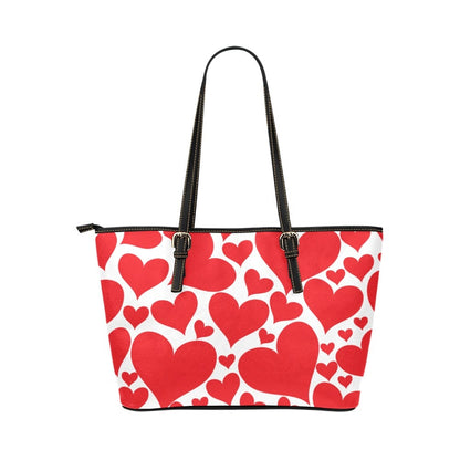 Large Leather Tote Shoulder Bag -  With Black Handle Love Red Hearts