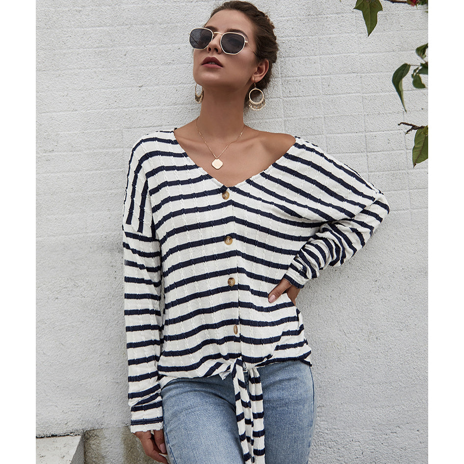 V-neck Striped Long Sleeve Knitwear