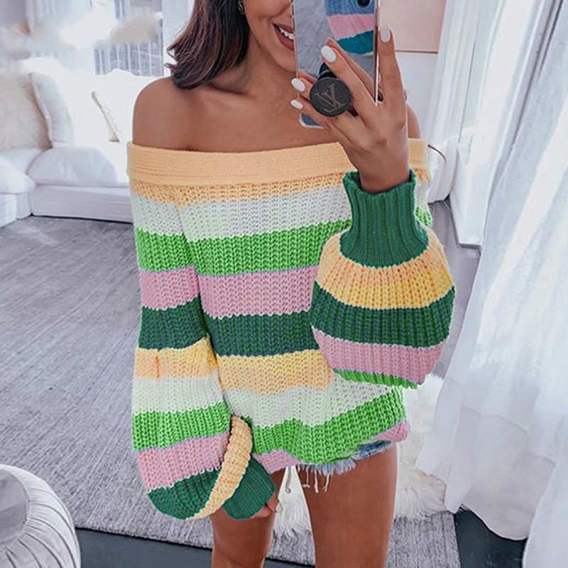 Patchwork Rainbow Off Shoulder Oversize Sweater