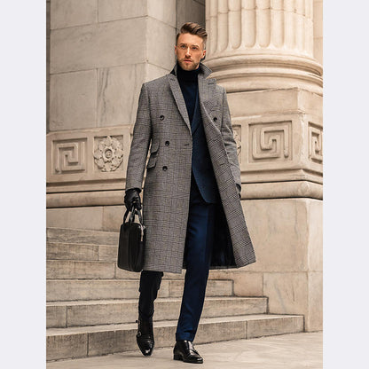 Full Wool Suit Collar Medium Length Double Breasted Checked Overcoat