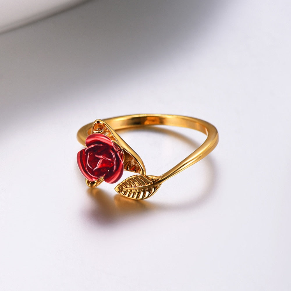 U7 Red Rose Garden Flower Leaves Resizable Finger Rings for Women Valentine&