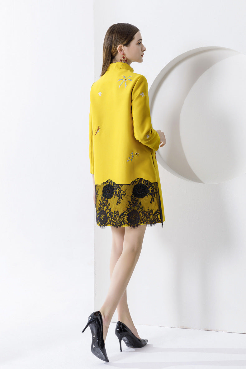 Autumn And Winter Silk Wool Stitching Lace Hit Lace Big Embroidered Mid-length Coat