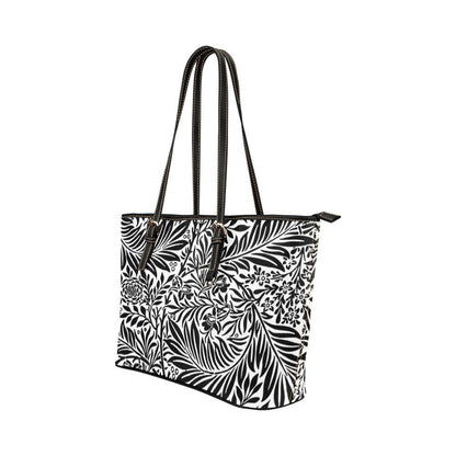 Large Leather Tote Shoulder Bag - Black And White Tropical Pattern