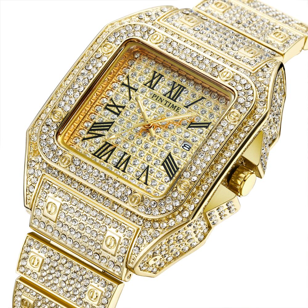 Hip Hop Iced Out Men Watch Square Diamond Quartz Luxury Mens Wrist Watches Gold Roman Calendar Steel Clock Relogio Masculino