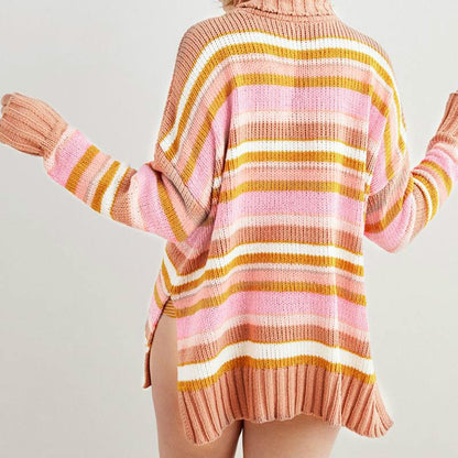 Stripe Turtleneck Slit Pullovers Jumpers Sweater