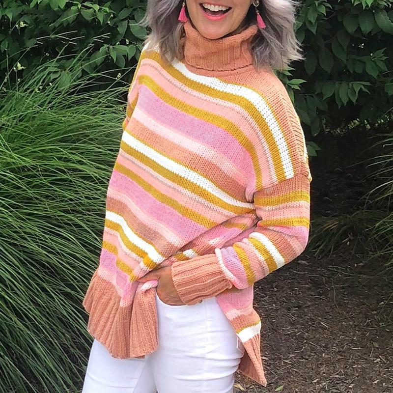 Stripe Turtleneck Slit Pullovers Jumpers Sweater