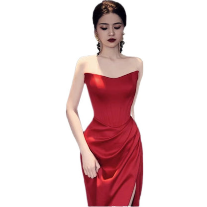 Fashion Bride Wine Red Engagement Wedding Back-to-door Casual Dress Small