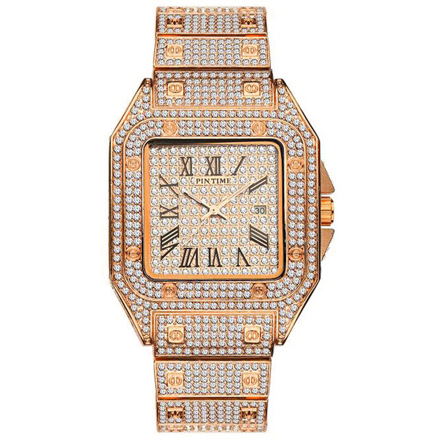 Hip Hop Iced Out Men Watch Square Diamond Quartz Luxury Mens Wrist Watches Gold Roman Calendar Steel Clock Relogio Masculino