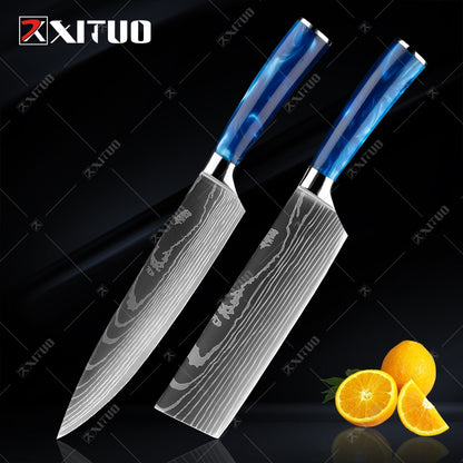 XITUO kitchen knives Set Exquisite blue resin handle Laser Damascus pattern Chef knife Santoku Cleaver Slicing Knives Best Gift