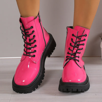 Kunstleer Dr Martens laarzen Dames Britse stijl lakleer platform met veters, halverwege de kuit