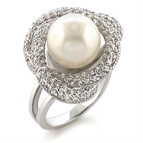 9W005 - Rodiumkoperen ring met synthetische parel in wit