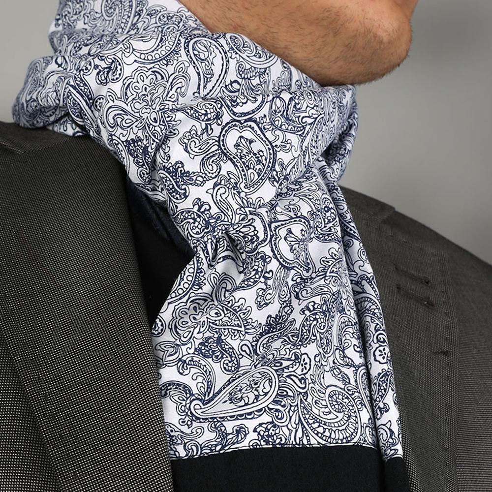 Blue White Paisley Mens Silk Scarf - Designer neck scarf for winters