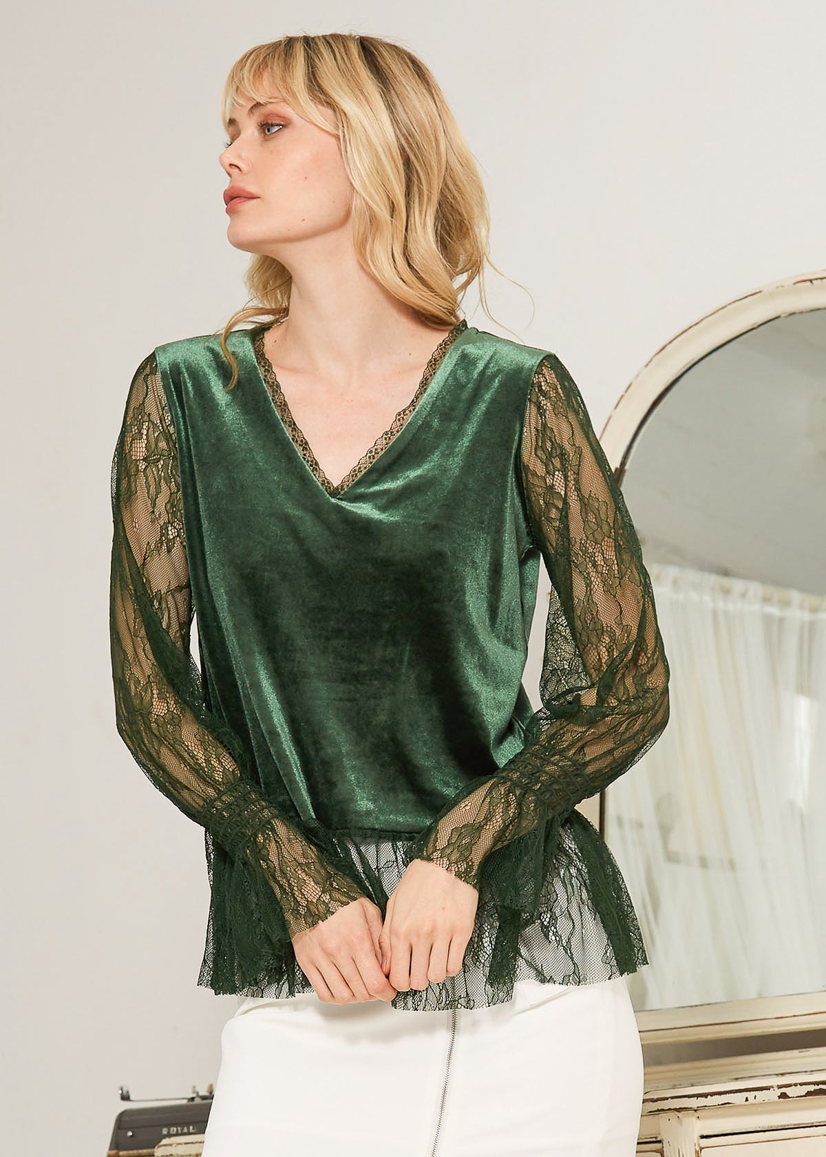 Long Sleeve Velvet Top With Lace Trim in Green