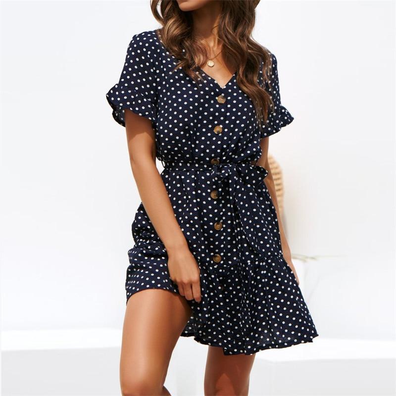 Summer Dress Women Sexy V Neck Butterfly Short Sleeve Beach Dress