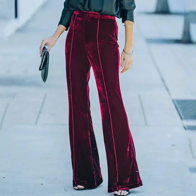 Velvet Flared Pants Women High Waist Office-lady Warm Loose Fit