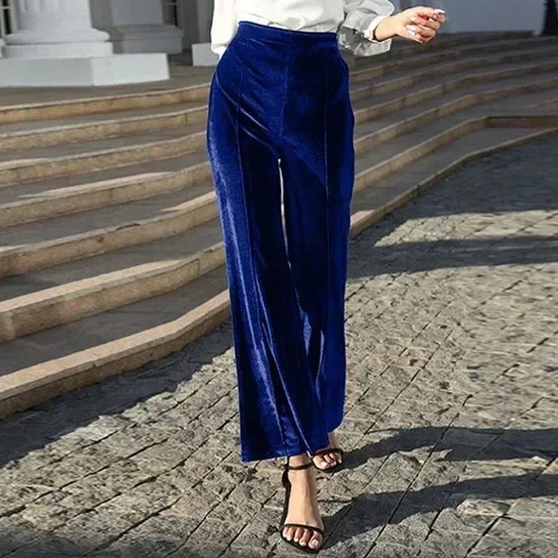 Velvet Flared Pants Women High Waist Office-lady Warm Loose Fit