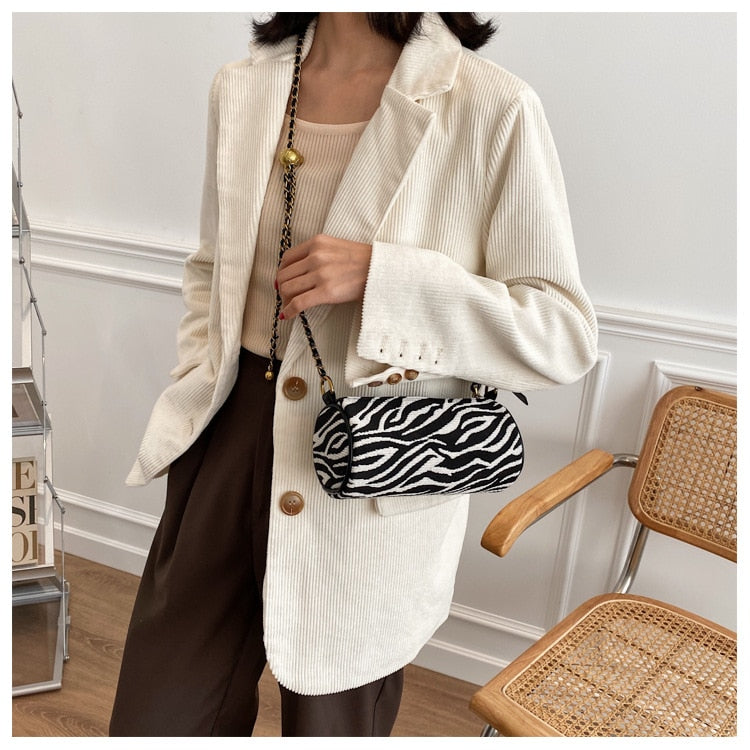 Zebra-Stripe Rhombus Pattern Crossbody Bag Women Ladies Elegant Wild Trendy Cylinder Shaped Small Chain Shoulder Handbag