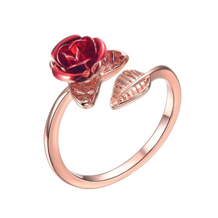 U7 Red Rose Garden Flower Leaves Resizable Finger Rings for Women Valentine&