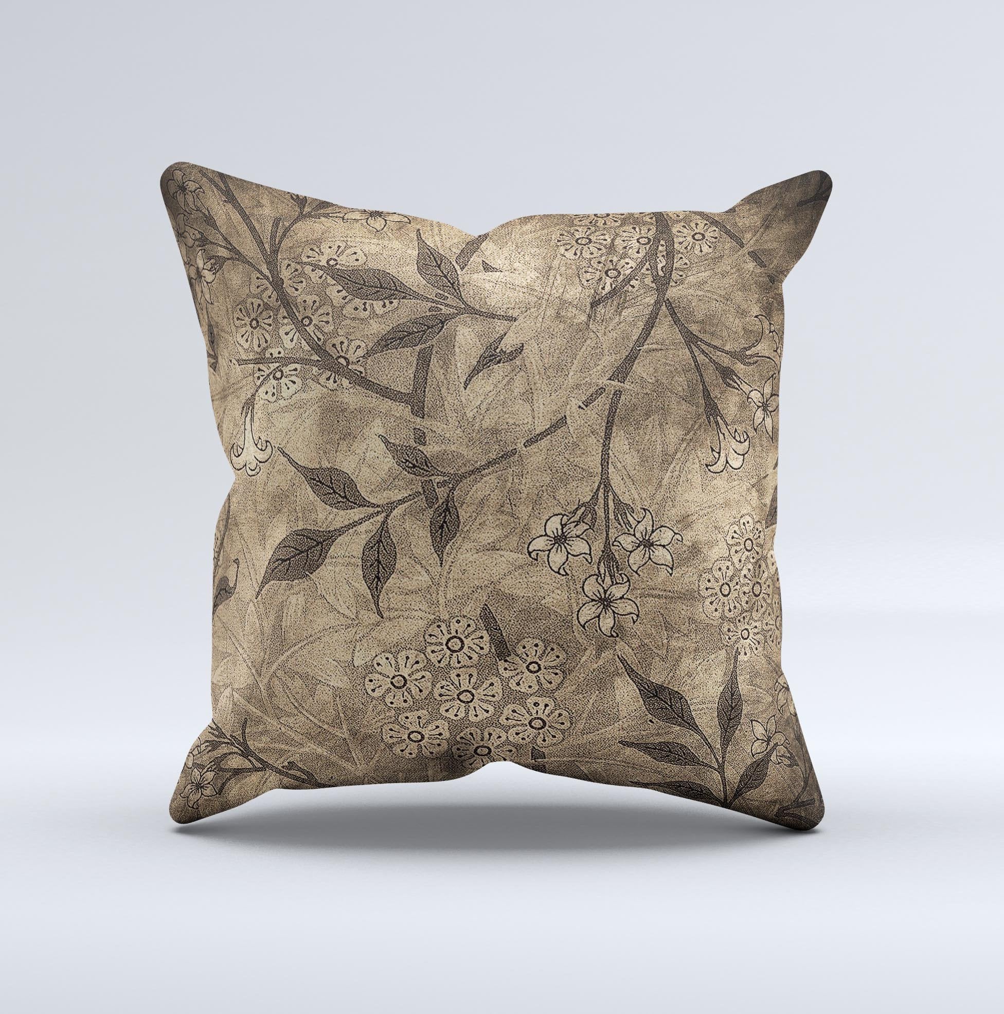 Brown Aged Floral Pattern Ink-Fuzed Decorative Throw Pillow