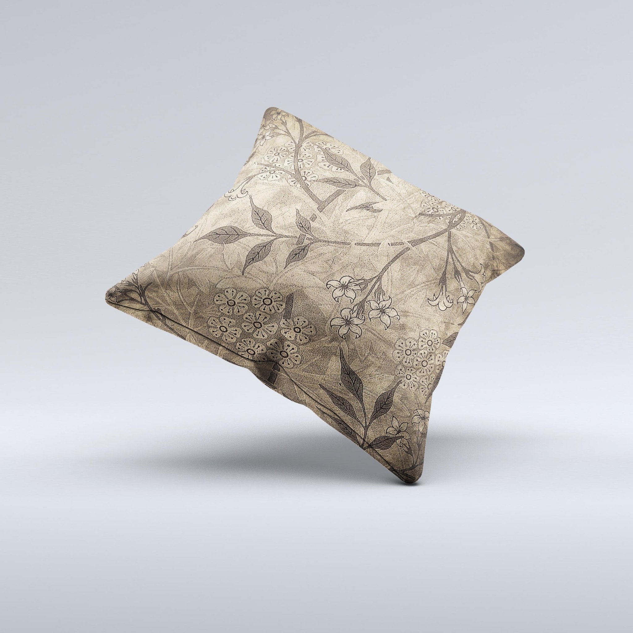 Brown Aged Floral Pattern Ink-Fuzed Decorative Throw Pillow