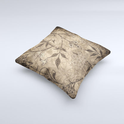 Brown Aged Floral Pattern Ink-Fuzed Decorative Throw Pillow