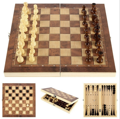 3 In 1 Portable Wooden Foldable Chess Board Set &amp; Checkers &amp; Backgammon Set With Chess Pieces And Carrying Case