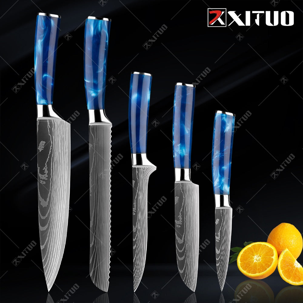 XITUO kitchen knives Set Exquisite blue resin handle Laser Damascus pattern Chef knife Santoku Cleaver Slicing Knives Best Gift