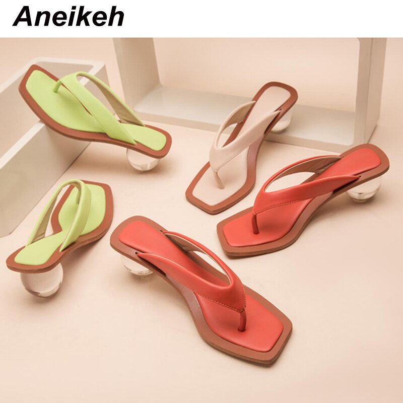 Aneikeh Women Sandals Clear Transparent Med Heel Round Heel Shoes Open Toed Slipper Sandals For Party Shoes Women Pumps 43