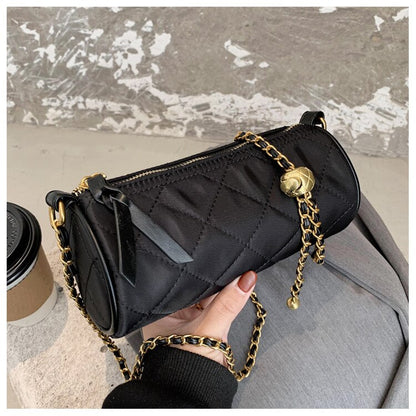 Zebra-Stripe Rhombus Pattern Crossbody Bag Women Ladies Elegant Wild Trendy Cylinder Shaped Small Chain Shoulder Handbag