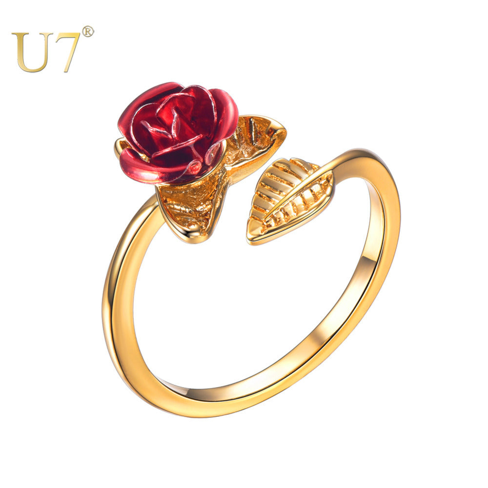 U7 Red Rose Garden Flower Leaves Resizable Finger Rings for Women Valentine&