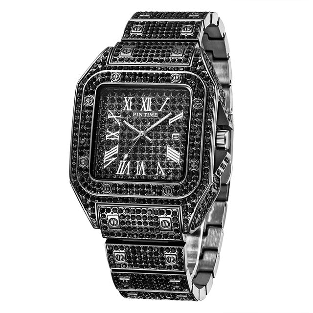 Hip Hop Iced Out Men Watch Square Diamond Quartz Luxury Mens Wrist Watches Gold Roman Calendar Steel Clock Relogio Masculino