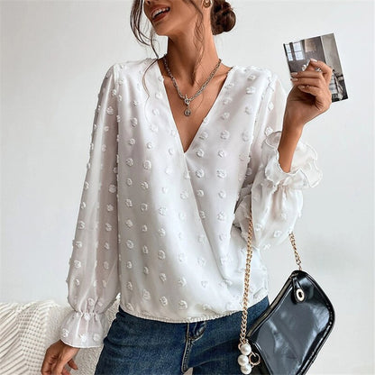 Lantern Long Sleeves Solid V Neck Blouse