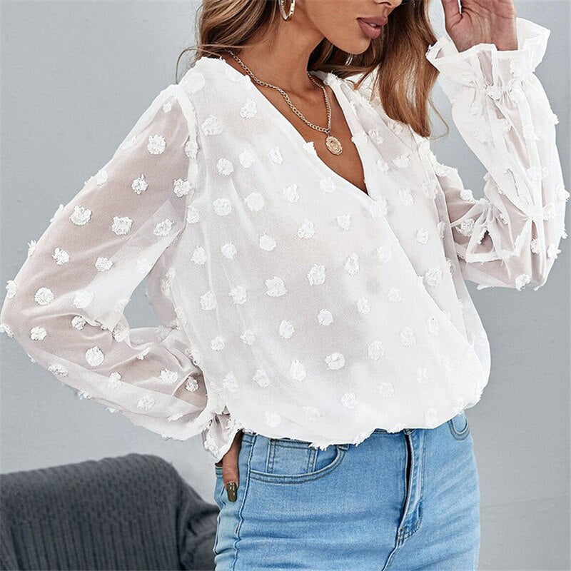 Lantern Long Sleeves Solid V Neck Blouse