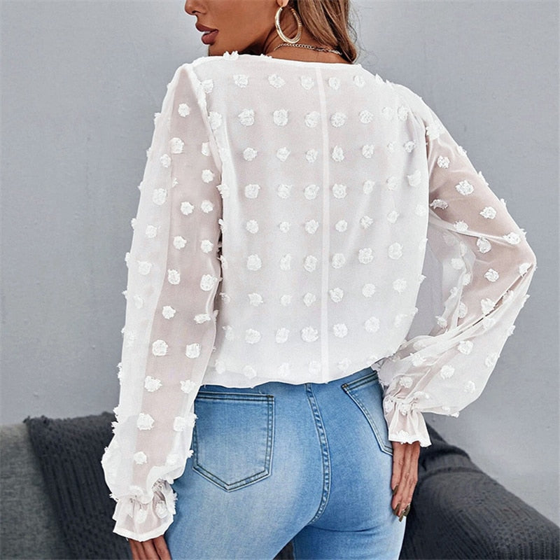 Lantern Long Sleeves Solid V Neck Blouse