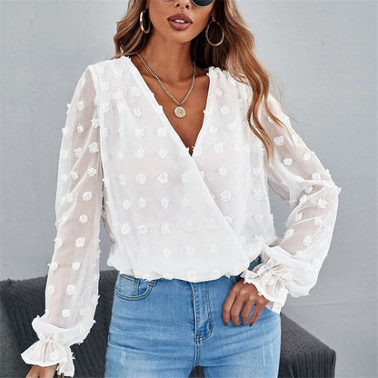 Lantern Long Sleeves Solid V Neck Blouse