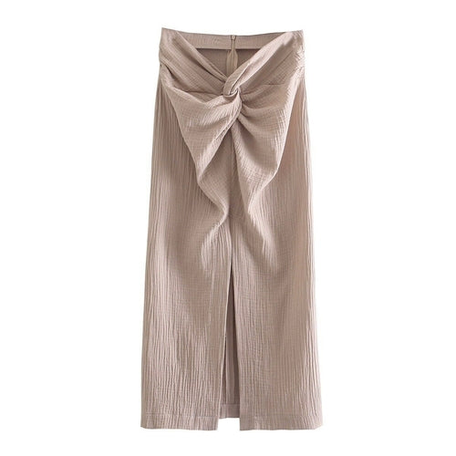 Bowknot Slit Long Skirt Khaki High Waist Maxi Skirt