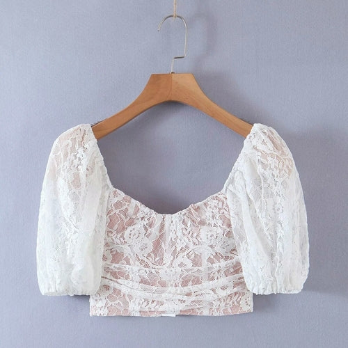 Vintage White Lace Blouse Shirt Women Summer Short Sleeve Crop Top