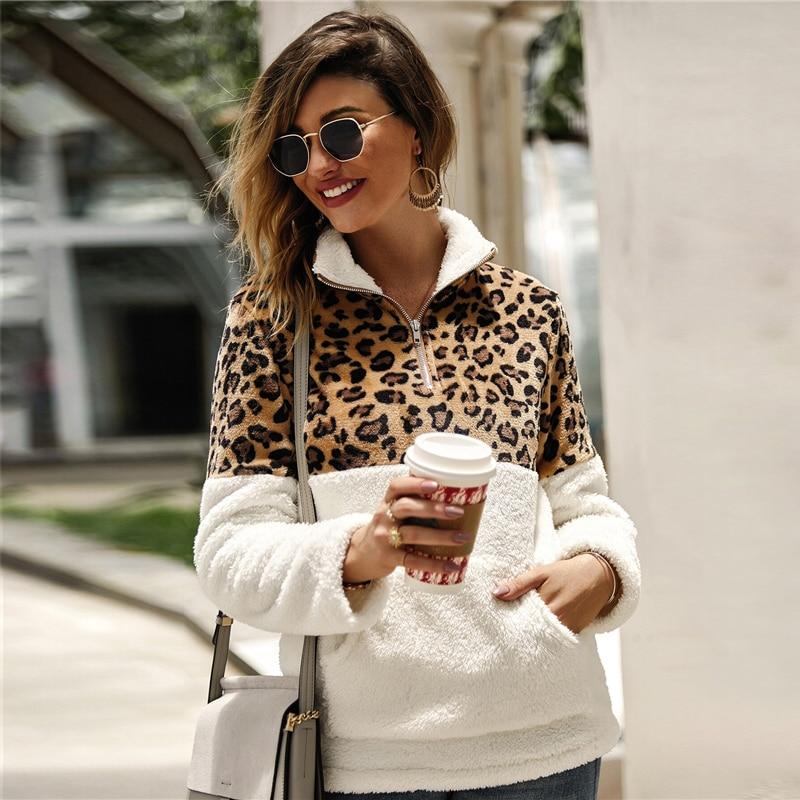 Flannel Contrast Leopard Zipper Teddy Sweatshirt