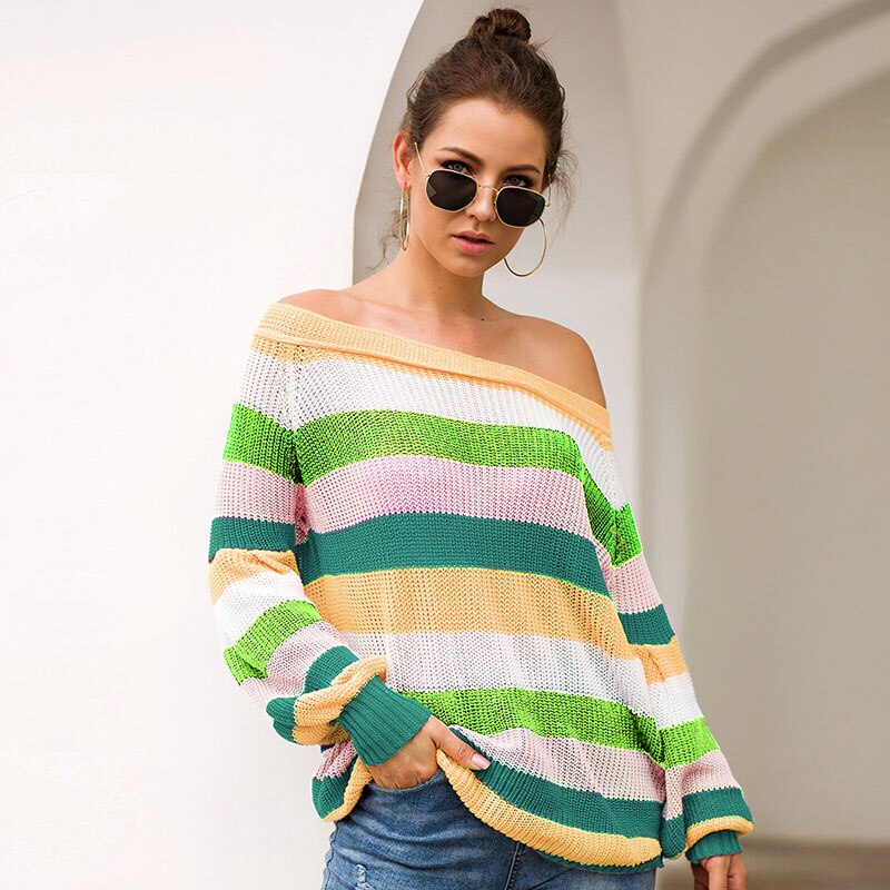 Patchwork Rainbow Off Shoulder Oversize Sweater