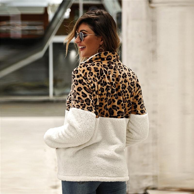 Flannel Contrast Leopard Zipper Teddy Sweatshirt