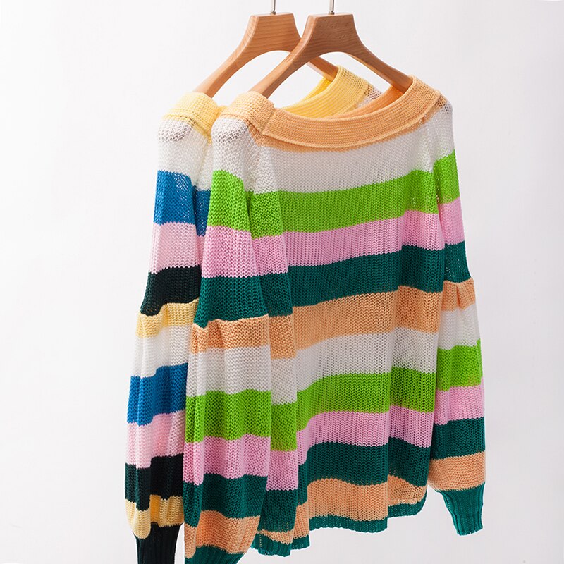 Patchwork Rainbow Off Shoulder Oversize Sweater