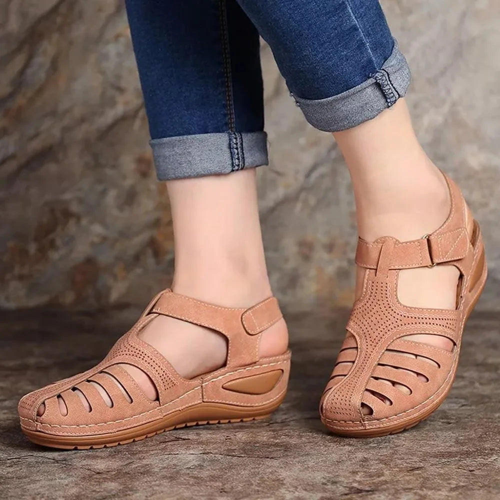 Summer Shoes Women Sandals PU Buckle Ladies Retro Sewing Hollow Out Woman Flat Shoes