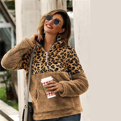 Flannel Contrast Leopard Zipper Teddy Sweatshirt