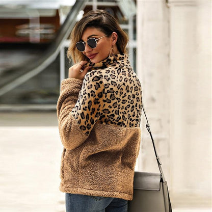 Flannel Contrast Leopard Zipper Teddy Sweatshirt