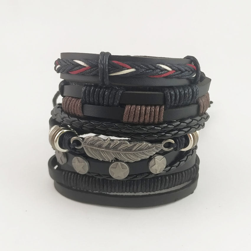 Americana Biker Leather Pull-Strap Bracelets Set