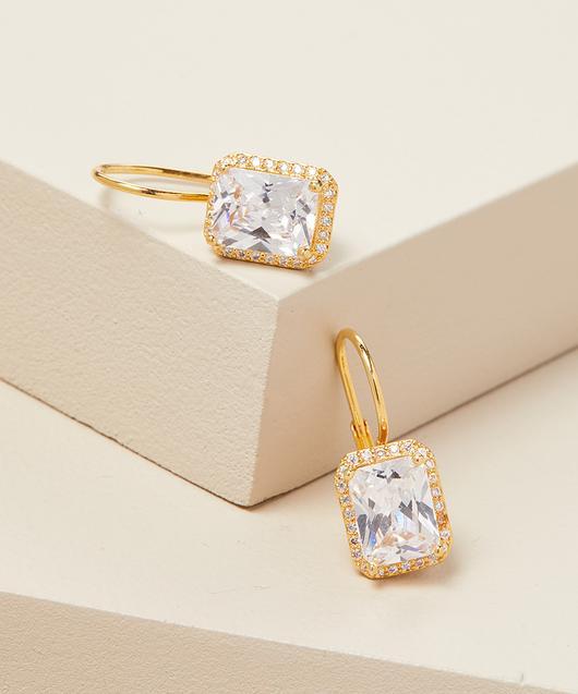 Emerald Cut  Elements Leverback Earrings in 14K Gold Plating