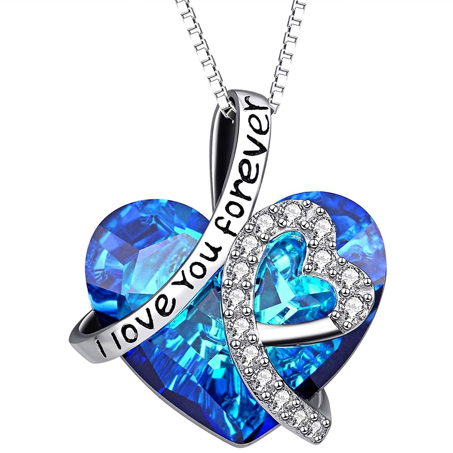 I LOVE YOU FOREVER blauwe kristallen hartketting en geschenkdoos in 18K wit