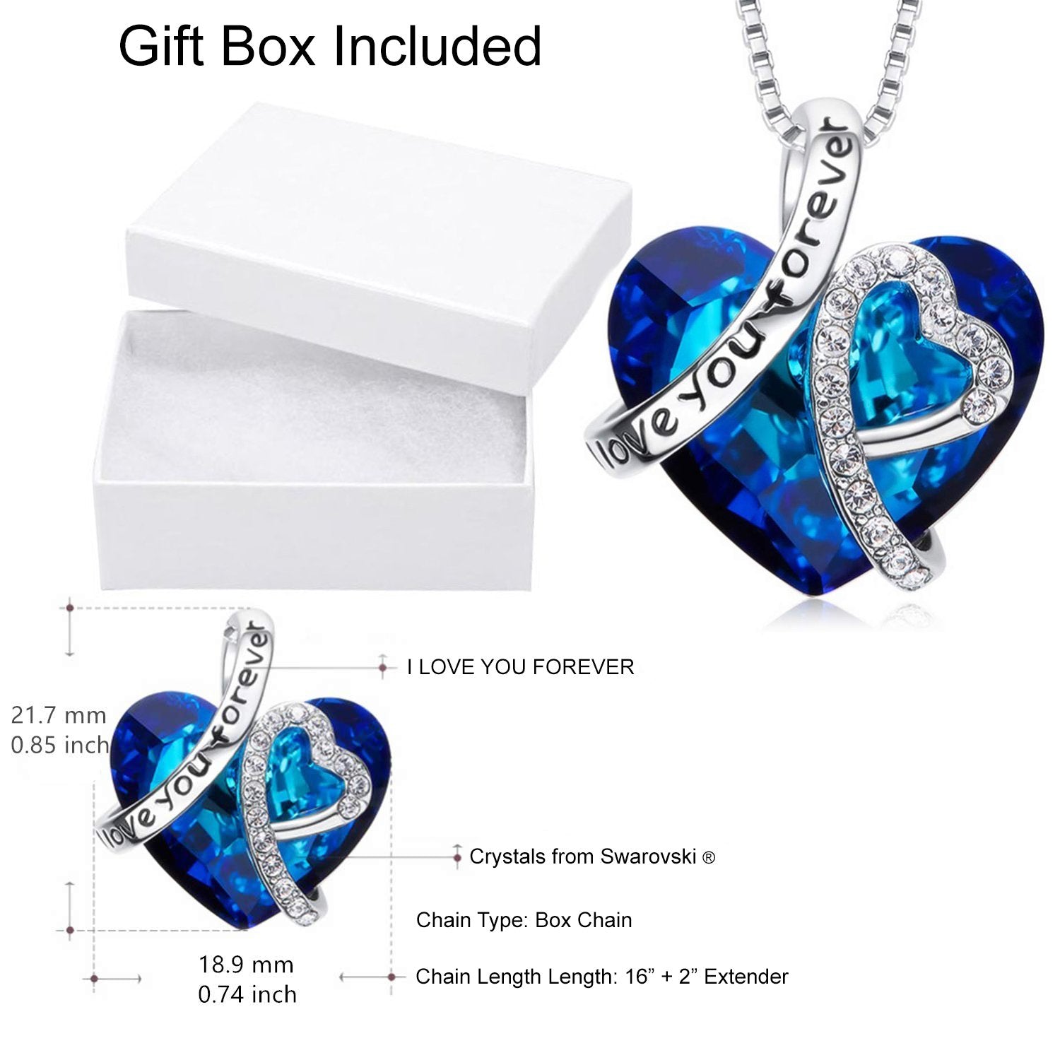 I LOVE YOU FOREVER blauwe kristallen hartketting en geschenkdoos in 18K wit