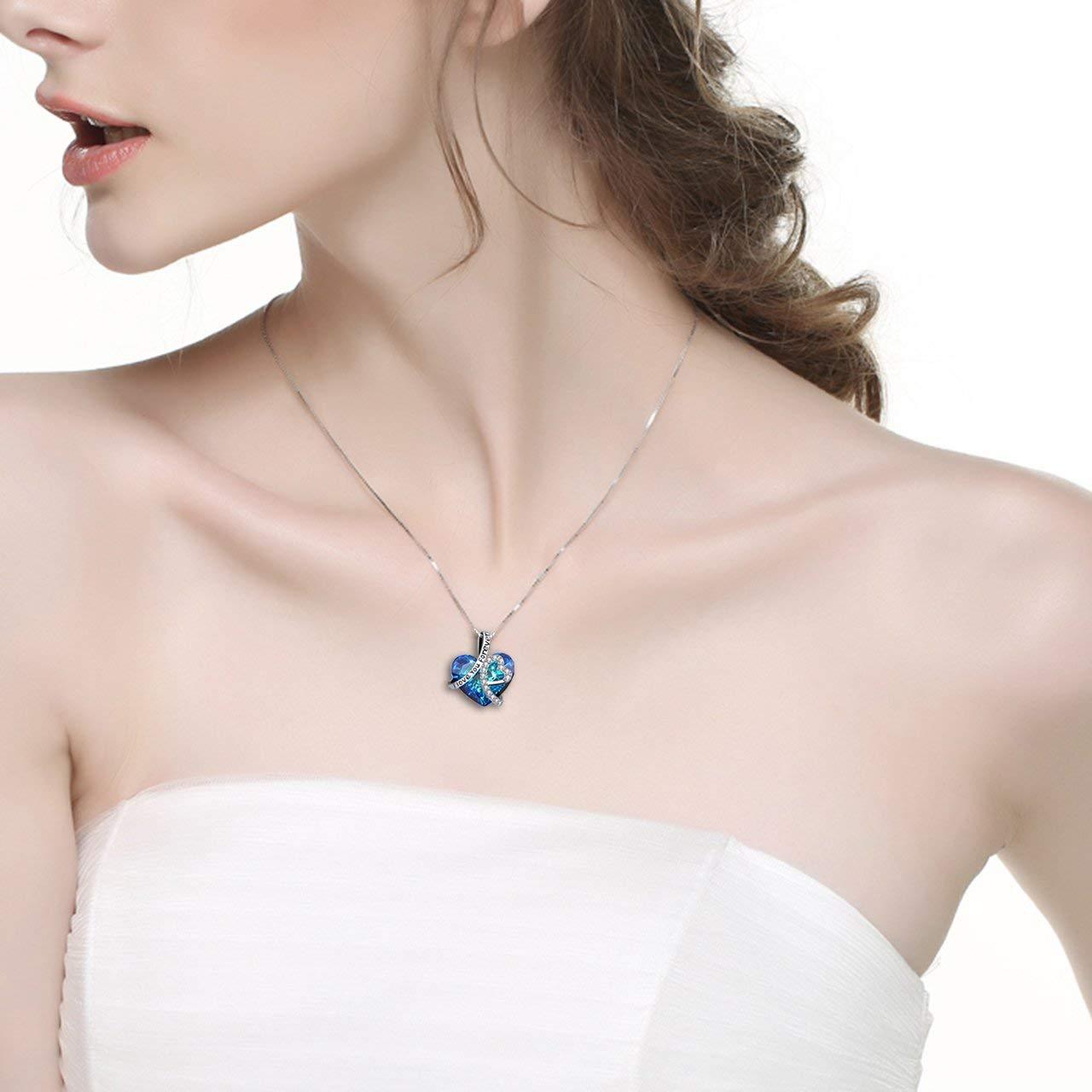 I LOVE YOU FOREVER Blue  Crystal Heart Necklace &amp; Gift Box in 18K Whit